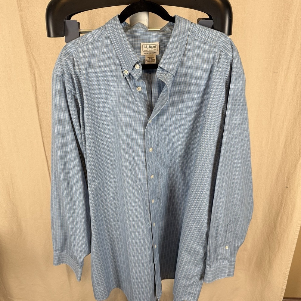 L.L. Bean Blue White Plaid Oxford Cotton Dress Shirt Size 18-36 Traditional Fit